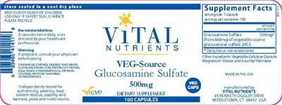 Photo of the Vital Nutrients Veg-Source Glucosamine Sulfate 500 mg label