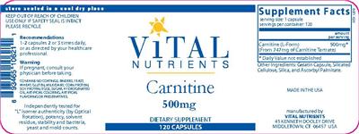 Photo of the Vital Nutrients Carnitine 500 mg label
