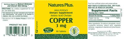 Photo of the Natures Plus Amino Acid Chelate Copper 3 mg label
