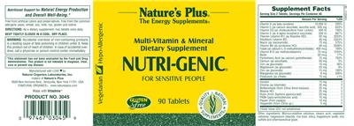 Photo of the Nature's Plus Nutri-Genic For Sensitive People label
