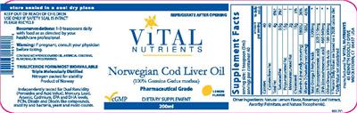 Photo of the Vital Nutrients Norwegian Cod Liver Oil Lemon Flavor label