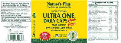 Photo of the Nature's Plus High Potency Ultra One Daily Caps Iron Free With Beta-Carotene label