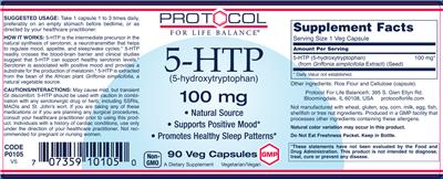 Photo of the Protocol For Life Balance 5-HTP (5-Hydroxytryptophan) 100 mg label