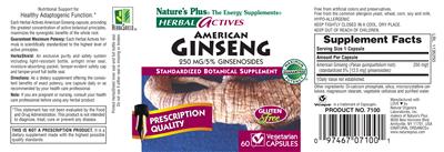 Photo of the Nature's Plus Herbal Actives American Ginseng 250 mg label