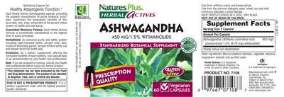 Photo of the Nature's Plus Herbal Actives Ashwagandha 450 mg label