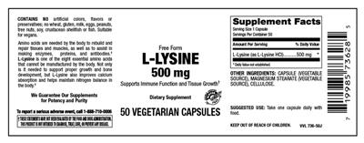 Photo of the Vitamer Laboratories L-Lysine 500 mg label