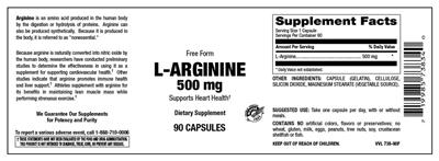 Photo of the Vitamer Laboratories L-Arginine 500 mg label