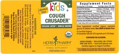 Photo of the Herb Pharm Kids Cough Crusader Alcohol Free label