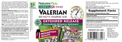 Photo of the Natures Plus Herbal Actives Valerian 600 mg Extended Release label