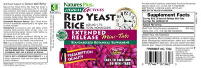 Photo of the Natures Plus Herbal Actives Red Yeast Rice 600 mg Extended Release Mini-Tabs label