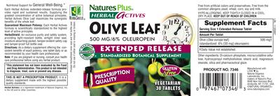 Photo of the Nature's Plus Herbal Actives Olive Leaf 500 mg Extended Release label