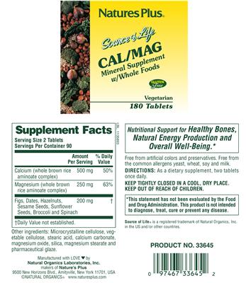 Photo of the Nature's Plus Source of Life Cal/Mag Mineral Supplement W/Whole Foods label