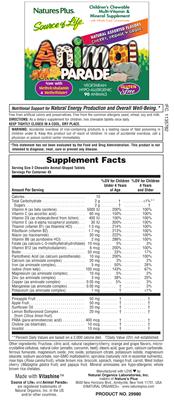 Photo of the Nature's Plus Source of Life Animal Parade Children's Chewable Multi-Vitamin & Mineral Supplement label