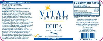 Photo of the Vital Nutrients DHEA (Micronized) 25 mg label