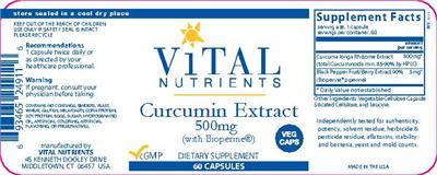 Photo of the Vital Nutrients Curcumin Extract 500 mg label