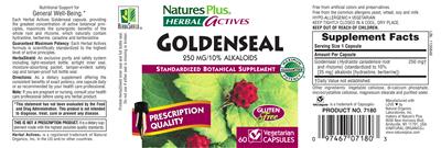 Photo of the Nature's Plus Herbal Actives Goldenseal 250 mg label