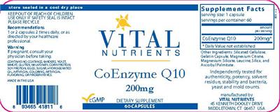 Photo of the Vital Nutrients Coenzyme Q10 200 mg label
