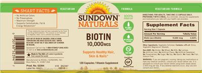 Photo of the Sundown Naturals Biotin 10,000 mcg label