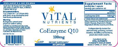 Photo of the Vital Nutrients CoEnzyme Q10 100 mg label