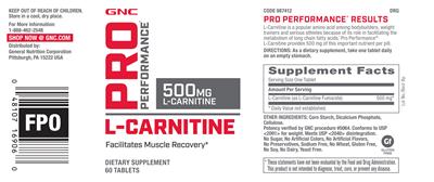 Photo of the GNC Pro Performance L-Carnitine 500 mg label