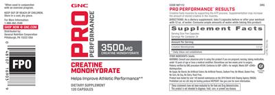 Photo of the GNC Pro Performance Creatine Monohydrate 3500 mg label