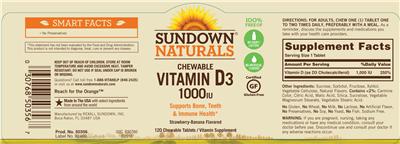 Photo of the Sundown Naturals Chewable Vitamin D3 1000 IU Strawberry-Banana Flavored label