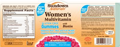 Photo of the Sundown Naturals Women's Multivitamin Gummies with Biotin Delicious Raspberry Flavor label
