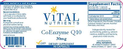 Photo of the Vital Nutrients CoEnzyme Q10 30 mg label