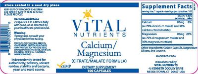 Photo of the Vital Nutrients Calcium/Magnesium (Citrate/Malate Formula) label