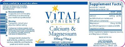 Photo of the Vital Nutrients Calcium & Magnesium 225 mg/75 mg label