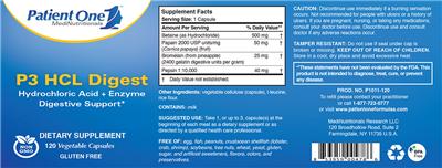 Photo of the Patient One MediNutritionals P3 HCL Digest label