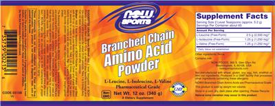 Photo of the NOW Sports Branched Chain Amino Acid Powder label