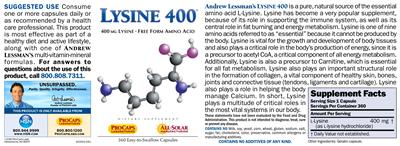 Photo of the ProCaps Laboratories Lysine 400 label