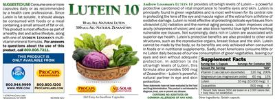 Photo of the ProCaps Laboratories Lutein 10 label