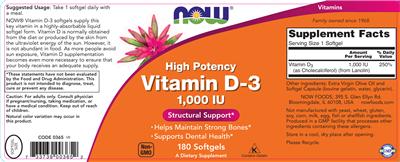 Photo of the NOW High Potency Vitamin D-3 1,000 IU label