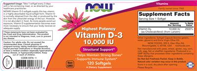 Photo of the NOW High Potency Vitamin D-3 10,000 IU label