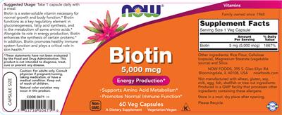 Photo of the NOW Biotin 5,000 mcg label