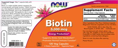 Photo of the NOW Biotin 5,000 mcg label