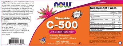 Photo of the NOW Chewable C-500 Natural Cherry-Berry Flavor label