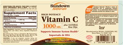 Photo of the Sundown Naturals High Potency Vitamin C 1000 mg label