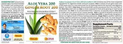 Photo of the ProCaps Laboratories Aloe Vera 200 Ginger Root 200 label