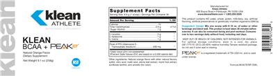 Photo of the Klean Athlete Klean BCAA + Peak ATP Natural Orange Flavor label