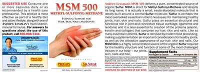 Photo of the ProCaps Laboratories MSM 500 label