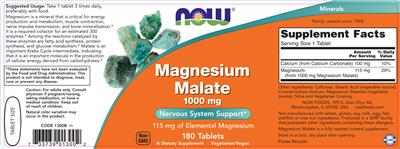Photo of the NOW Magnesium Malate 1000 mg label