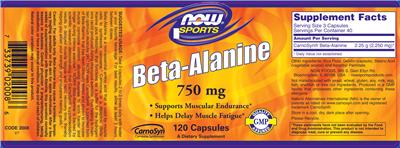 Photo of the NOW Sports Beta-Alanine 750 mg label