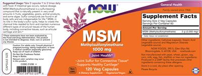 Photo of the NOW MSM Methylsulfonylmethane 1000 mg label