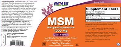 Photo of the NOW MSM Methylsulfonylmethane 1000 mg label