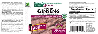 Photo of the Nature's Plus Herbal Actives Korean Ginseng 250 mg label