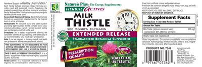Photo of the Nature's Plus Herbal Actives Milk Thistle 500 mg Extended Release label