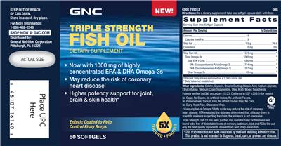 Photo of the GNC Triple Strength Fish Oil label